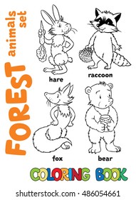 Coloring book set of funny fox, hare, bear and raccoon. Children vector illustration. Forest animals