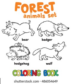 Coloring book set of funny hedgehog, bagger, boar and wolf. Children vector illustration. Forest animals