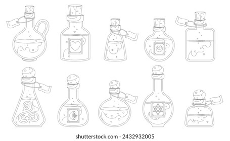 Coloring book of set of illustrations of flasks with potion. Game potions. Collection of coloring pages of magic phials, magic bottles for witchcraft, elixir, love potion poison and antidote.