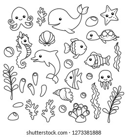 Coloring book: set of isolated cute marine animals, seawweed and corals