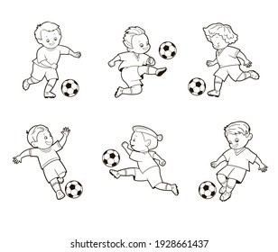 Libro de colorantes; conjunto de imágenes aisladas de futbolistas masculinos en diferentes poses jugando una pelota de fútbol. Ilustración vectorial en estilo de dibujos animados, arte de línea blanca y negra