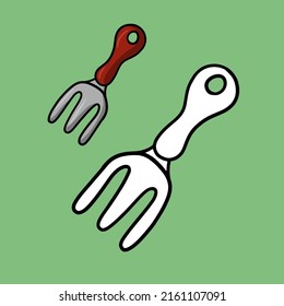 Coloring book set, metal hand rake with handle, vector cartoon illustration on green background