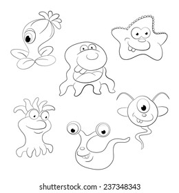 Coloring book. Set of six  Cartoon fanny happy  monsters.