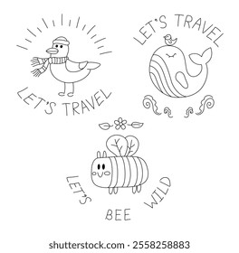 A coloring book set of three adorable cartoon animals bird, whale, and bee