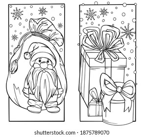 coloring book set with two illustrations page new year holiday outline stroke vector doodle sketch isolate on a white background postcard print hand drawing