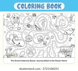 Malbuch Set von Under the Sea Collection Vektor, handgezeichnete Garnelen, Muschel, Seefisch, Seetang und Korallen Farbe und Umriss Malseite oder Buch Tiere für Kinder.