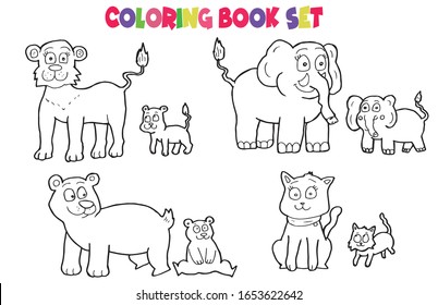 coloring book set.mother animals and baby animals cartoon.