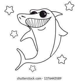 Coloring book Shark smiling with sharp teeth. Sea Fish isolated on white background. Black and white cartoon character page print. For Vector illustration. Inhabitant underwater world
