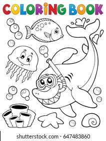 Coloring book with shark snorkel diver - eps10 vector illustration.