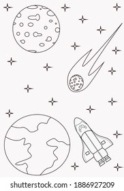 
Coloring book sheets on the theme of outer space, with pictures of planes, comets, earth, moon, and some starlight.