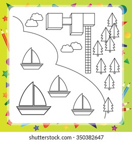 Coloring book with ships and map - vector illustration