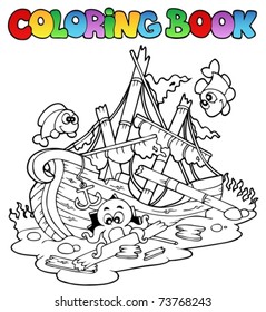 Coloring book with shipwreck - vector illustration.