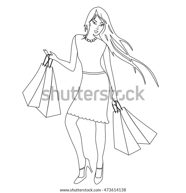 Coloring Book Shopping Girl Vector Illustration Stock Vector (Royalty ...