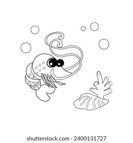 Coloring book Shrimp with bubbles and algae in the ocean. For posters, prints on clothes. Vector