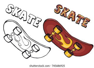 Coloring book  skateboard. Cartoon style. Clip art for children.