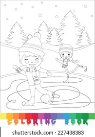 Coloring book skating boy and girl - vector illustration.