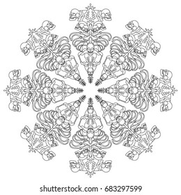 Coloring book with skulls. Craniums and bones. Zentangle bones pattern. Repeating forms. Fractal outline. Old burial.