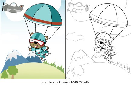 Coloring book of skydiving cute bear with airplane on mountains background