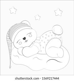 Coloring book sleeping boy baby teddy bear on cloud in striped cap. Picture in hand drawing style for baby shower. Greeting card, party invitation, fashion clothes t-shirt print