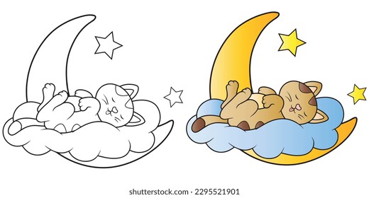 Coloring book sleeping cat and moon,Vector illustration of a cat.