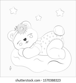 Coloring book sleeping girl baby teddy bear on cloud with flower. Picture in hand drawing style for baby shower. Greeting card, party invitation, fashion clothes t-shirt print