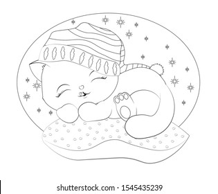Coloring book sleepping black cat in striped cap, little kitten in pillow. Picture in hand drawing cartoon style, for t-shirt wear print, fashion design, greeting card, party invitation