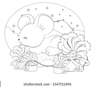 Coloring book sleepping mouse in pillow with gift. Picture in hand drawing cartoon style, for Christmas or New year greeting card, party invitation