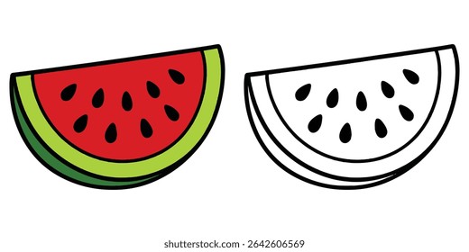 Coloring book of a sliced watermelon with seeds, on white background outline vector illustration