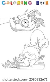 Coloring book of sloth and bear in forest, vector catoon illustration