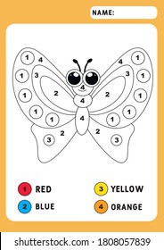 Coloring book with a small butterfly. Color by number, educational kids game, drawing kids activity. Animals theme. Illustration and vector outline - A4 paper, ready for printing.