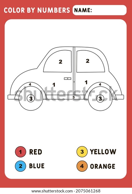 Coloring book with a small car. Color\
by number, educational kids game, drawing kids activity.\
Illustration and vector outline - A4 paper, ready for\
printing.