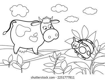 Coloring book for small children. Cow and ladybug in the meadow, vector illustration, isolated on a white background. For children's creativity. Coloring page for kids.