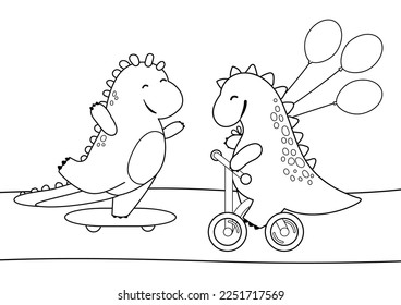 Coloring book for small children. Two dinosaurs on a bike and a skate with balloons, vector illustration, isolated on a white background. For children's creativity. Coloring page for kids.