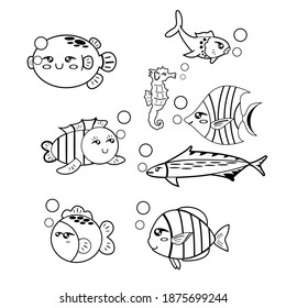 
coloring book of small fish in the sea