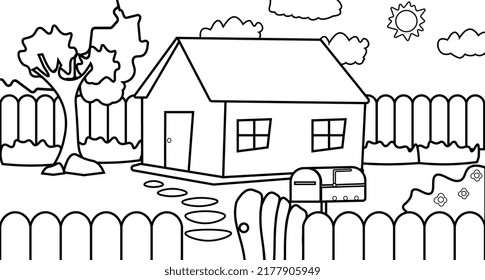 Coloring book: small house and garden Vector illustration in cartoon style, black and white line art