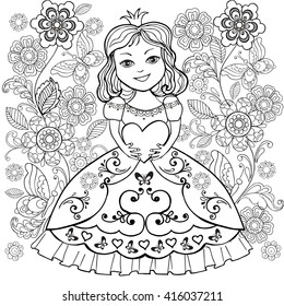 Coloring book with small Princesa heart in his hands. Coloring the girl with flowers and butterflies.
