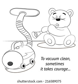 Coloring book. Small teddy bear playing a pipe  and conjures vacuum cleaner.