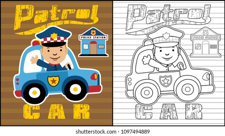 Coloring book of smiling police driving patrol car with police station