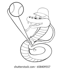 Coloring Book   Snake Plays  Baseball.  Cartoon Style. Clip Art For Children.