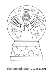 Coloring book snow globe angel line art. Prayer under the stars Hand drawn vector black and white illustration.