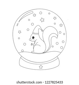 Coloring book of snow globe with squirrel.Vector illustration. Handdrawn.Doodle style.