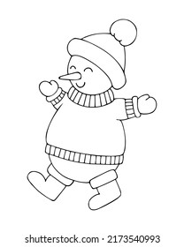 Coloring book snowman line art. Cute winter character in hat and sweater. Hand drawn vector black and white illustration.