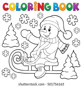 Coloring book snowman on sledge theme 1 - eps10 vector illustration.