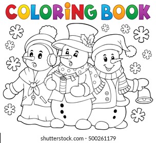 Coloring book snowmen carol singers - eps10 vector illustration.