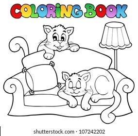 Coloring book sofa with two cats - vector illustration.