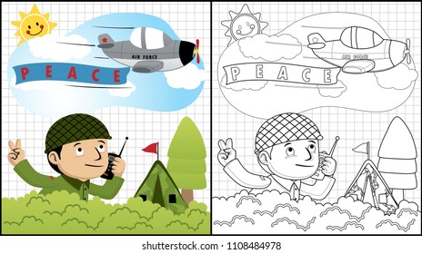 Coloring book of soldier cartoon with walkie talkie, plane fly above him 