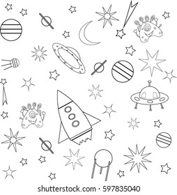 Coloring book space, flying ship vector illustration