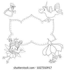 Coloring book with space for text. Fairy, unicorn, fairy-tale house. Black outline on white background. Fairy tale characters.
