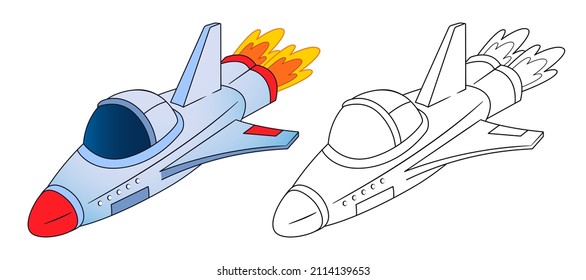 Libro de Colores, nave espacial, lanzadera vuela entre las estrellas. Ilustración vectorial en estilo de dibujos animados, línea blanca y negra