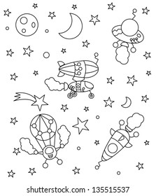 coloring book with spaceships in the universe , vector illustration